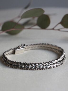 1970-90's Mexican Taxco Sterling Silver Chevron & Beaded Bracelet